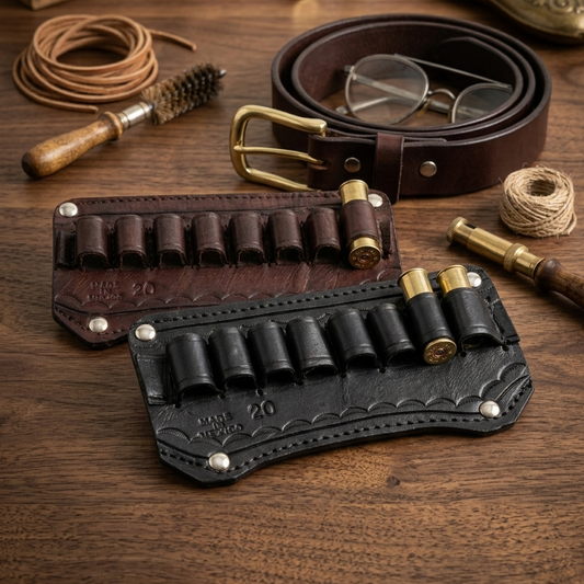 Leather gun belt with holsters and accessories on a wooden surface