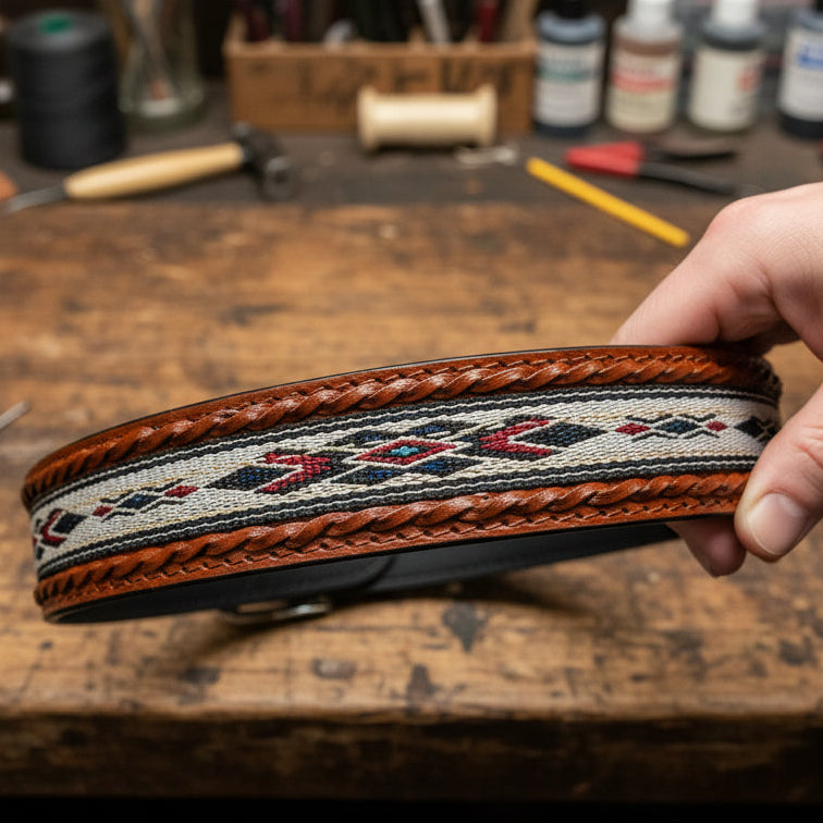 Hand holding a braided leather belt with intricate patterns on a wooden workshop table.