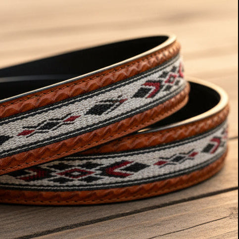 Western Leather Belt - Woven Aztec