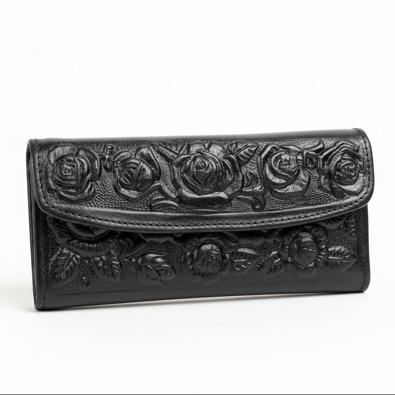 Leather Western Clutch - Black Rose
