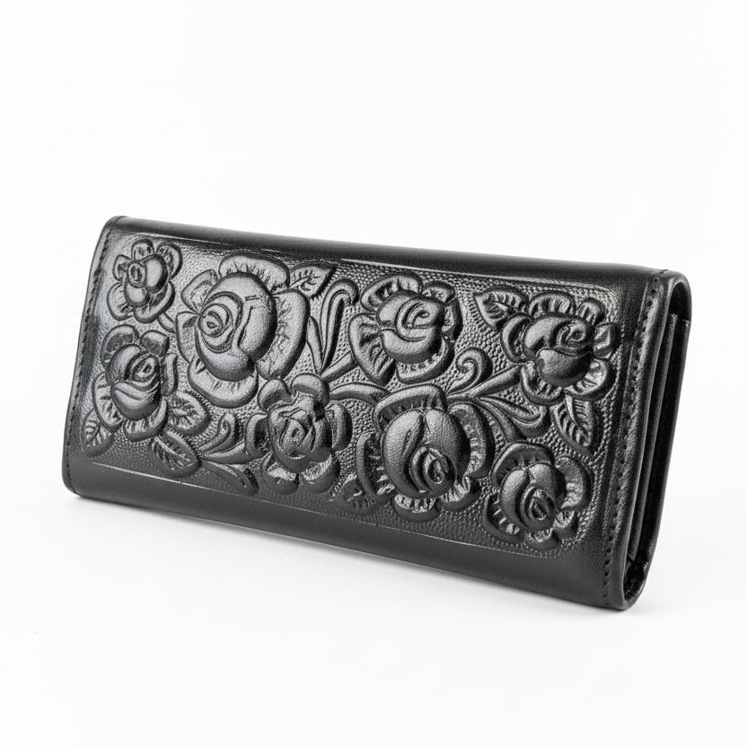 Leather Western Clutch - Black Rose