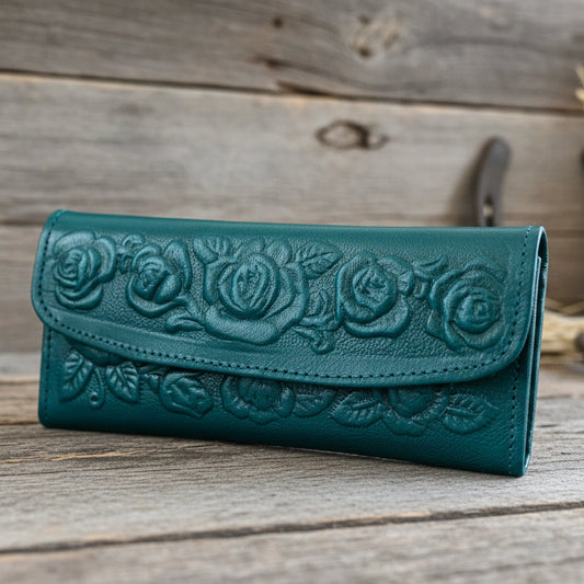 Leather Western Clutch - Teal Rose