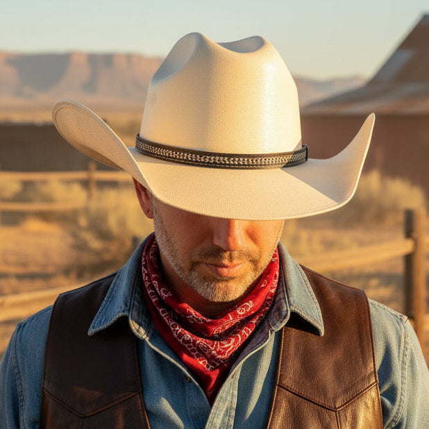 Man wearing a cowboy hat and vest with a red barn in the background