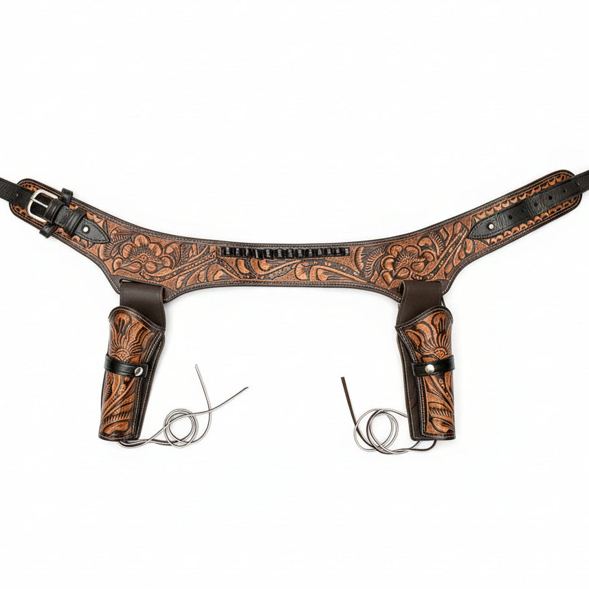 Brown leather gun holster with intricate designs on a white background