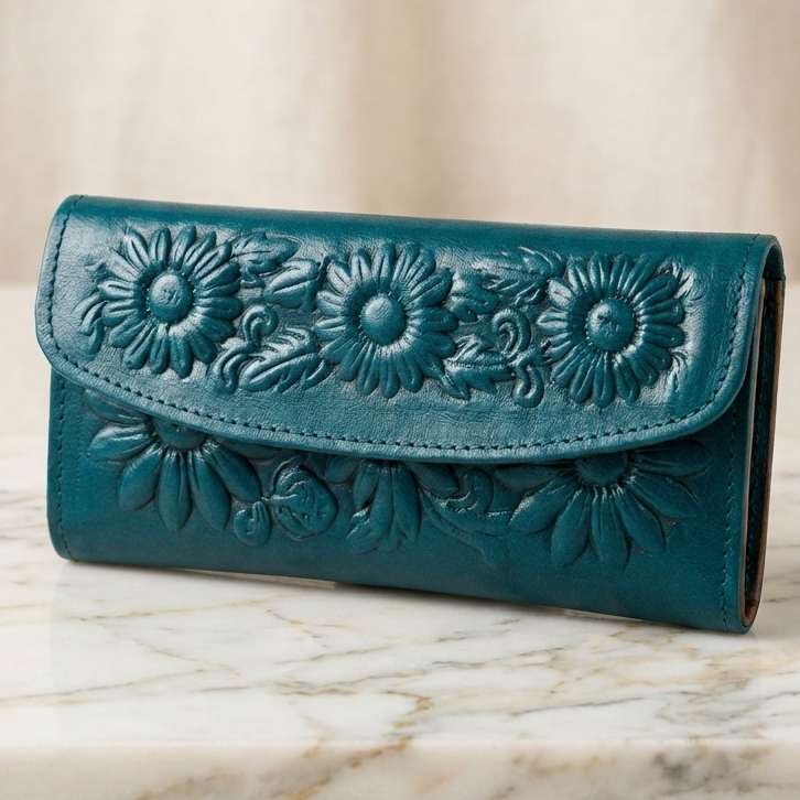Teal wallet with floral embossing on a marble surface