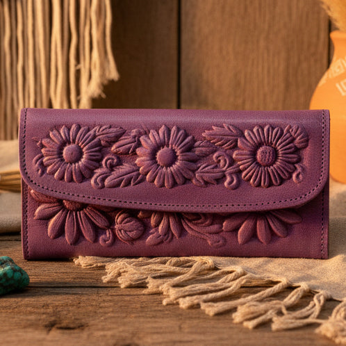Leather Western Clutch - Violet Flower