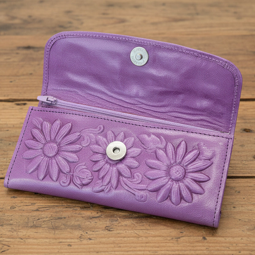 Leather Western Clutch - Violet Flower