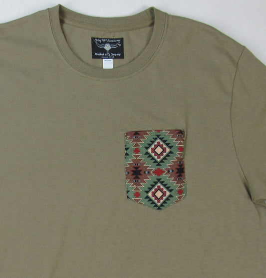 Flying R Ranchwear - Khaki with Southwest Print - Pocket T-shirt - Made in USA