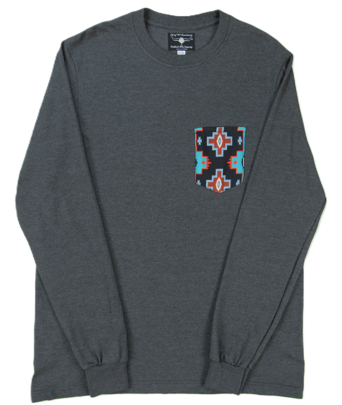 Flying R Ranchwear - Gray Heather with Southwest Print - Long Sleeve - Pocket T-shirt - Made in USA