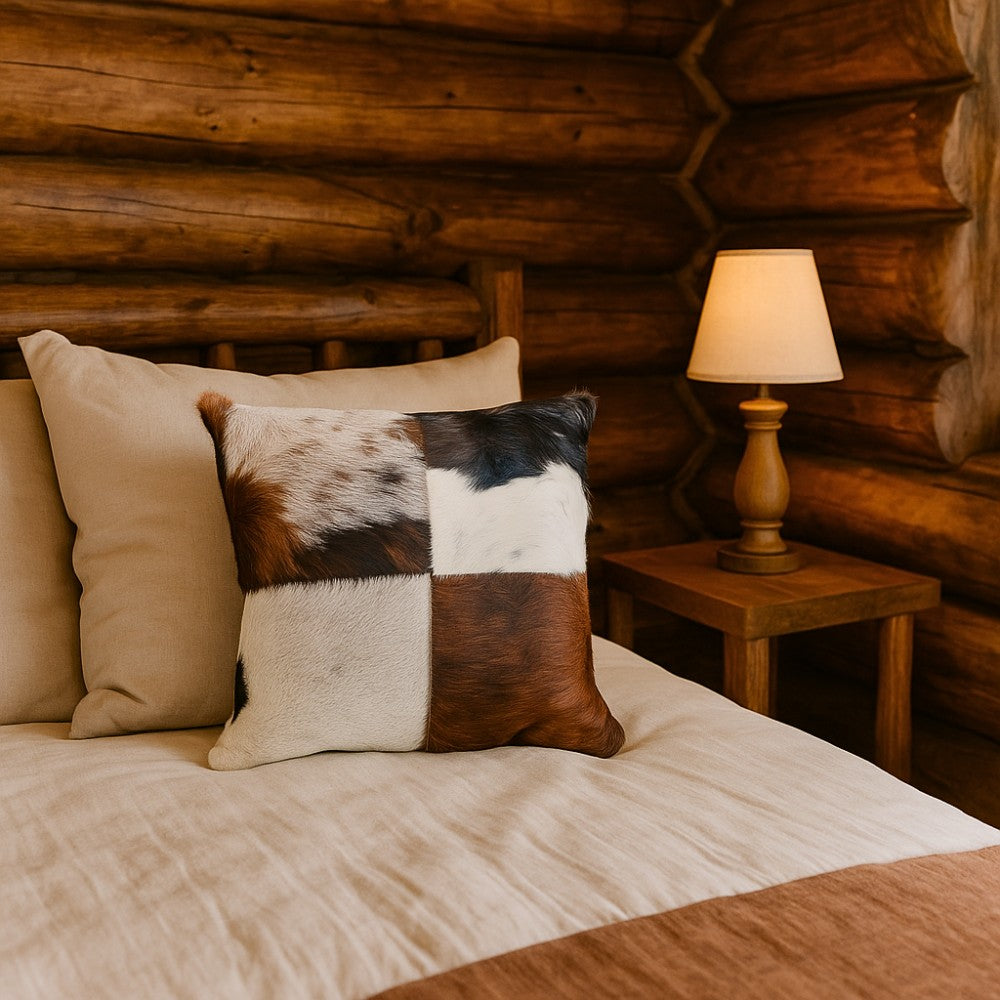 Genuine Cowhide Patchwork Pillow – Double-Sided Hair-on-Hide, 16×16