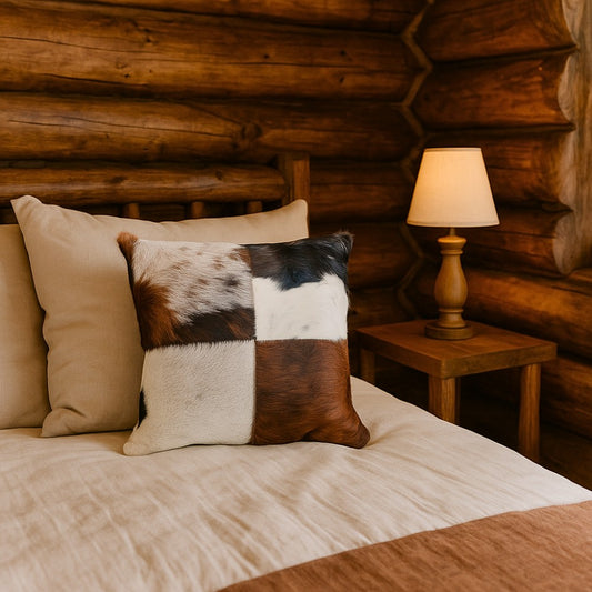 Genuine Cowhide Patchwork Pillow – Double-Sided Hair-on-Hide, 16×16