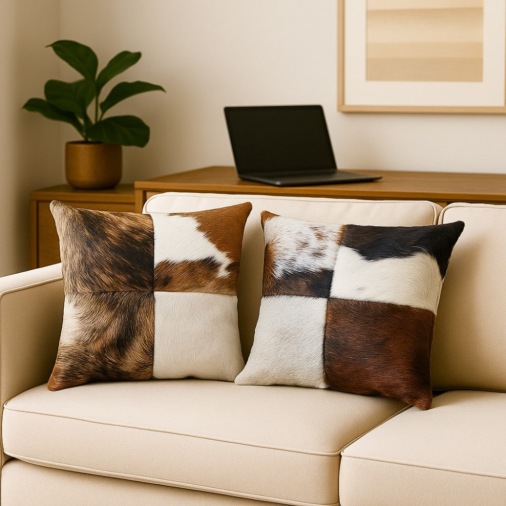 Genuine Cowhide Patchwork Pillow – Double-Sided Hair-on-Hide, 16×16