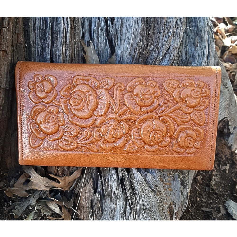 Womens Leather Rose Wallet - Brown