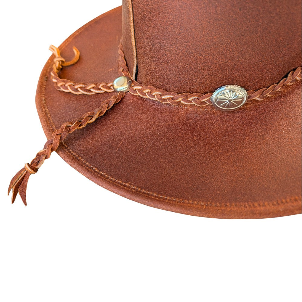 Rancher’s Brown Leather Cowboy Hat – Wide Brim, Braided Hatband