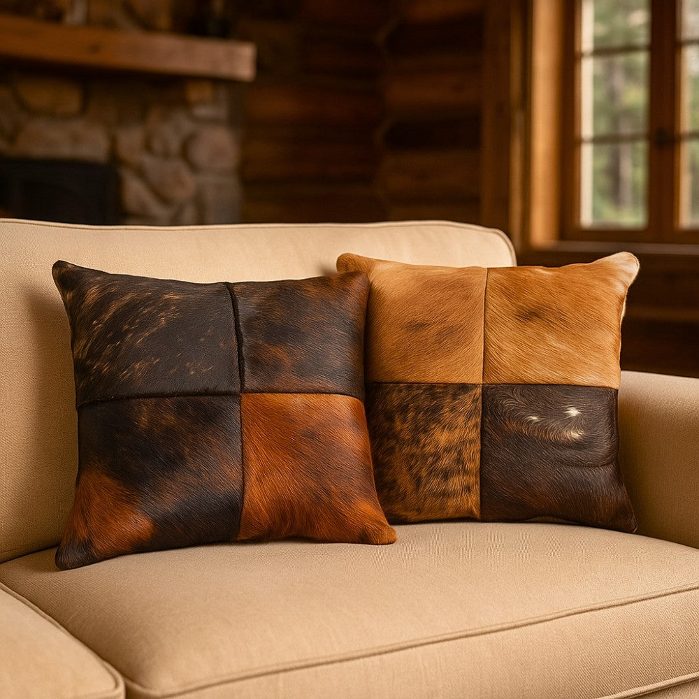 Genuine Cowhide Patchwork Pillow – Double-Sided Hair-on-Hide, 16×16