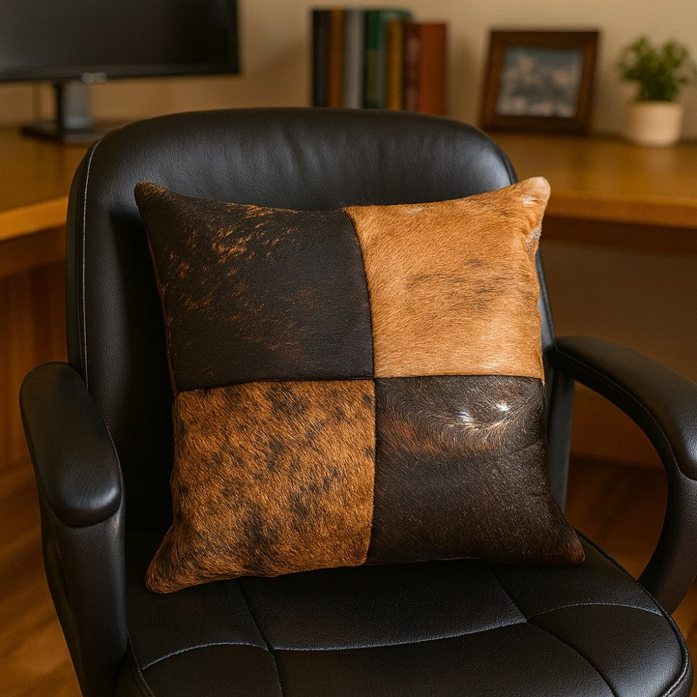Genuine Cowhide Patchwork Pillow – Double-Sided Hair-on-Hide, 16×16