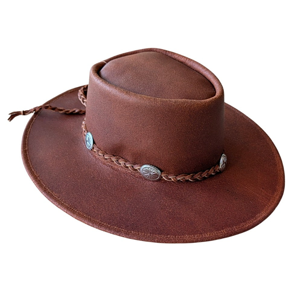 Rancher’s Brown Leather Cowboy Hat – Wide Brim, Braided Hatband