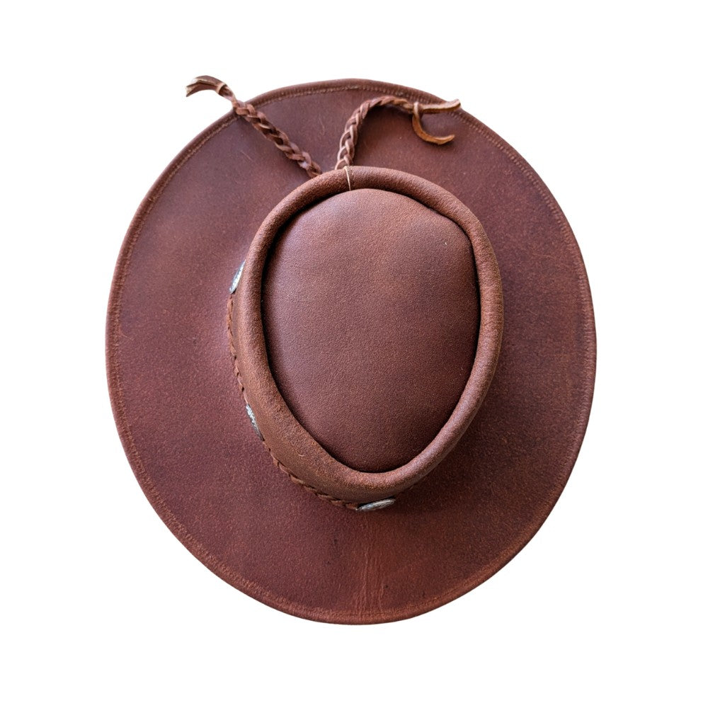 Rancher’s Brown Leather Cowboy Hat – Wide Brim, Braided Hatband