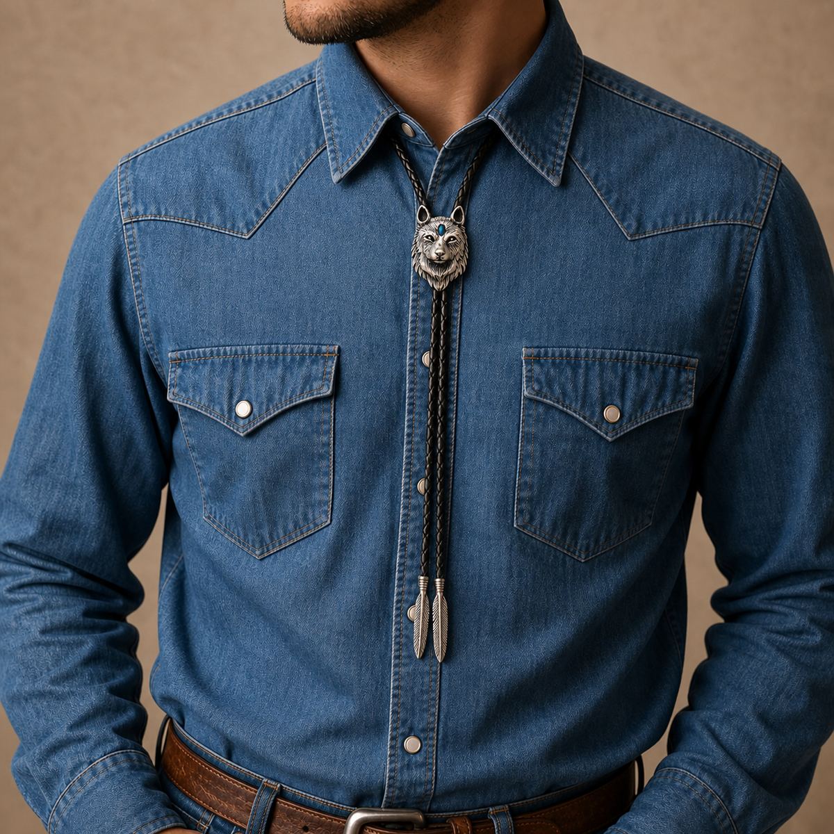 Stainless Steel Blue Inlay Wolf Head Bolo Tie