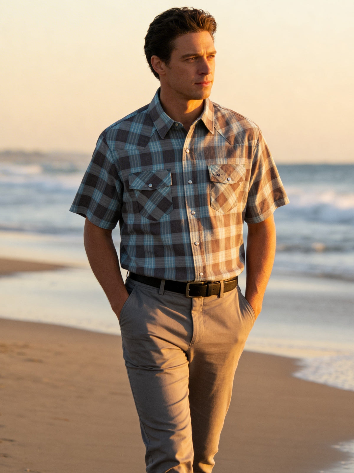Feather Plaids - Brown & Turquoise - Short Sleeve - Casual Fit