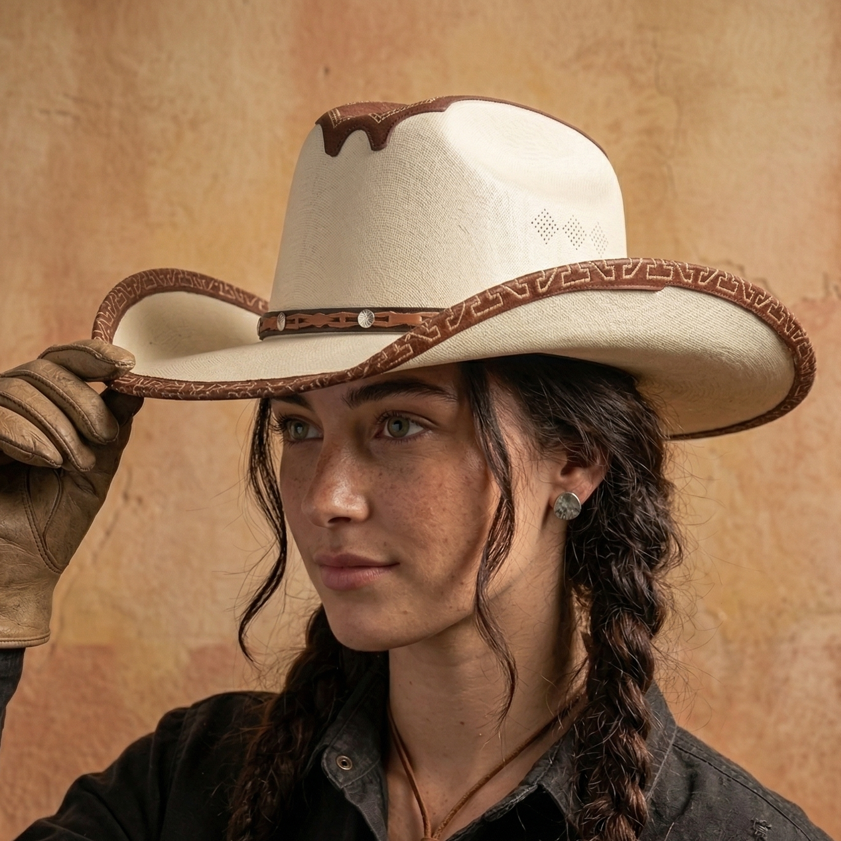 Person wearing a white cowboy hat with brown band against a beige background