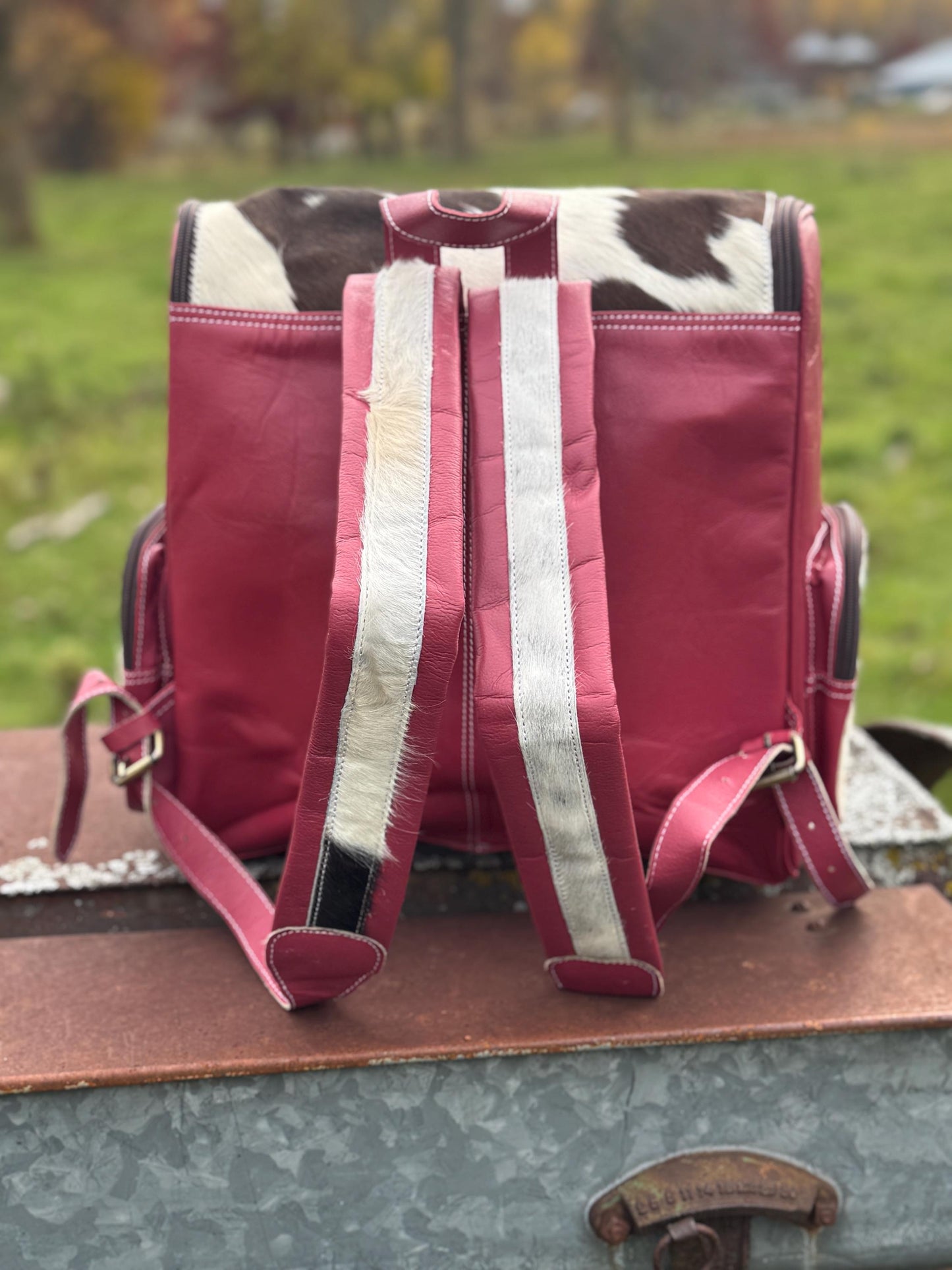 Pink or Turquoise Genuine Western Cowhide Leather Backpack Diaper Bag Personal Item carry-on luggage