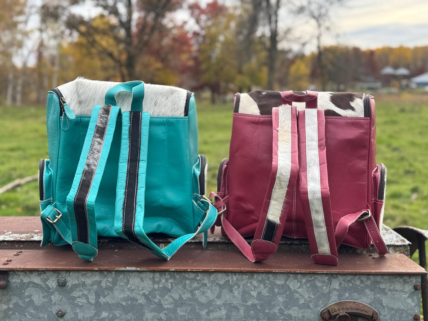 Pink or Turquoise Genuine Western Cowhide Leather Backpack Diaper Bag Personal Item carry-on luggage