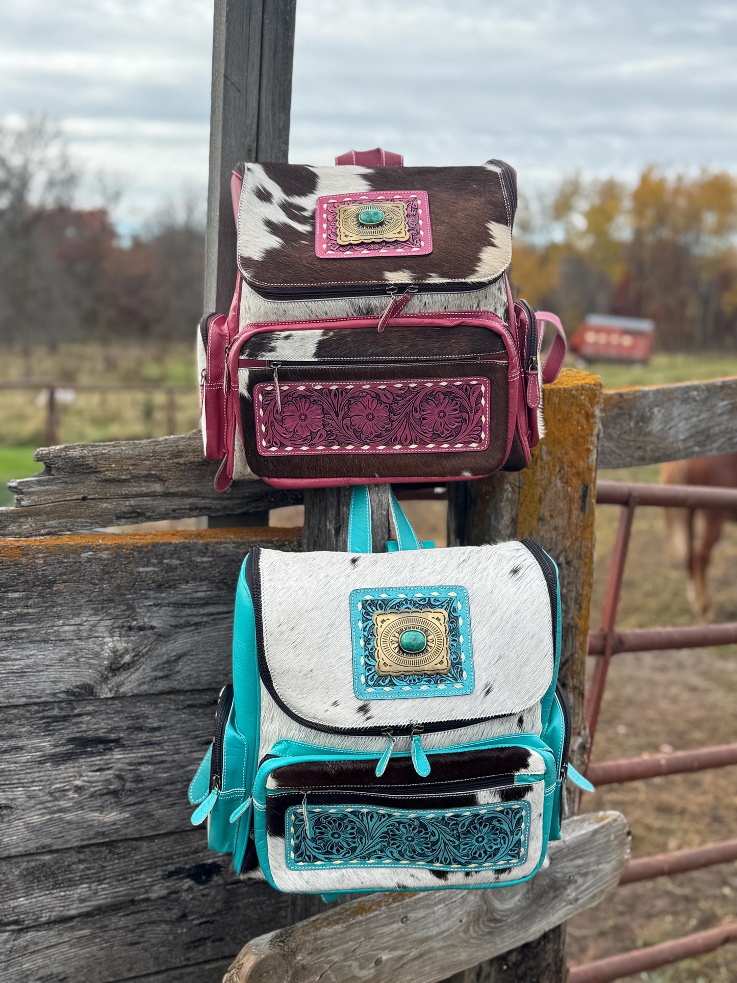 Pink or Turquoise Genuine Western Cowhide Leather Backpack Diaper Bag Personal Item carry-on luggage