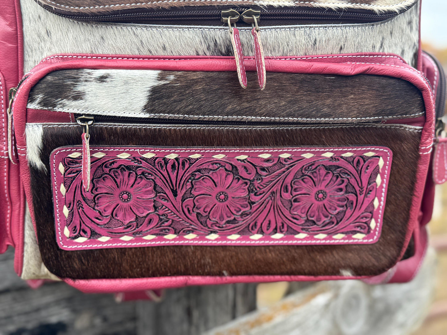 Pink or Turquoise Genuine Western Cowhide Leather Backpack Diaper Bag Personal Item carry-on luggage