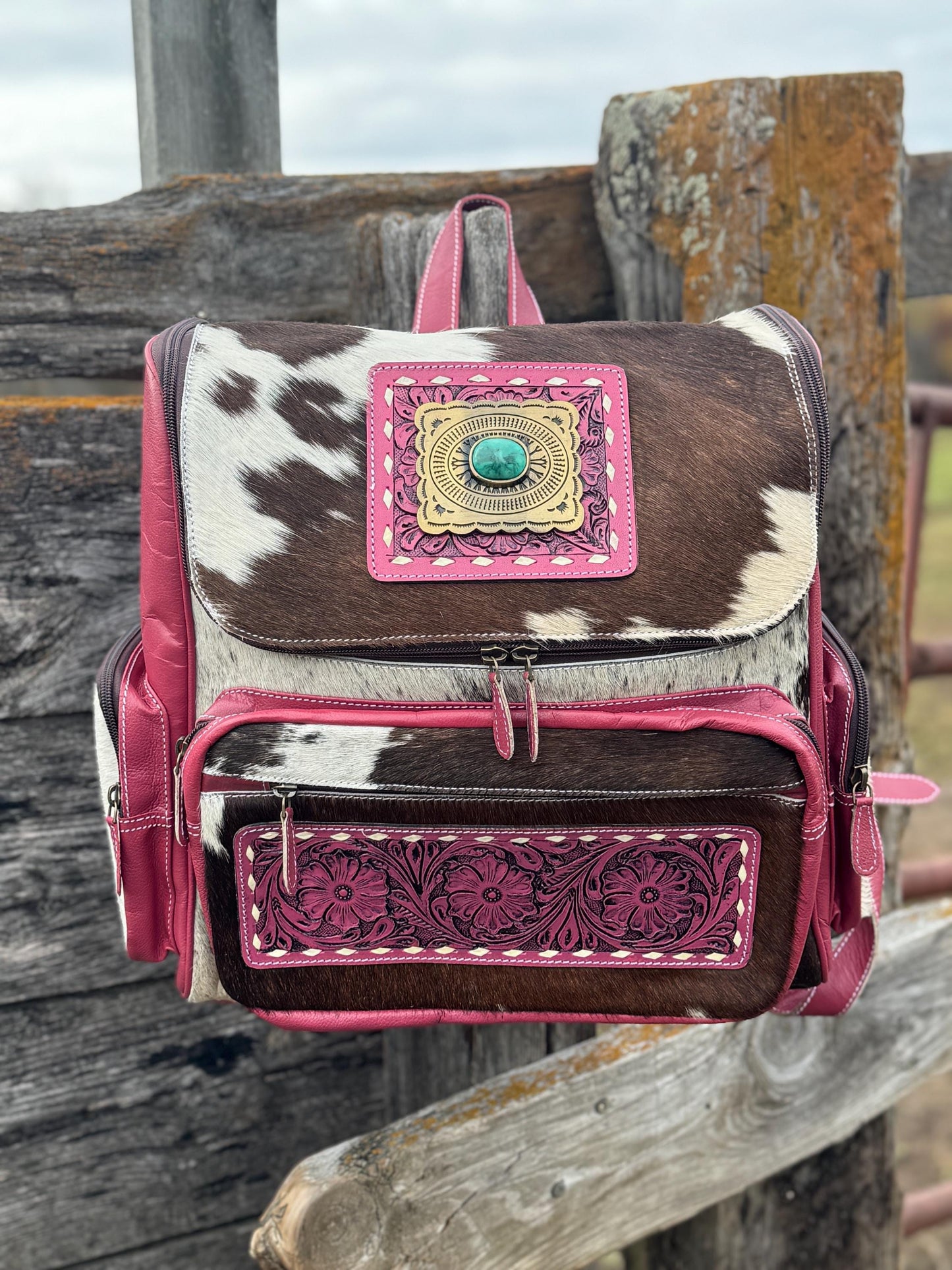 Pink or Turquoise Genuine Western Cowhide Leather Backpack Diaper Bag Personal Item carry-on luggage