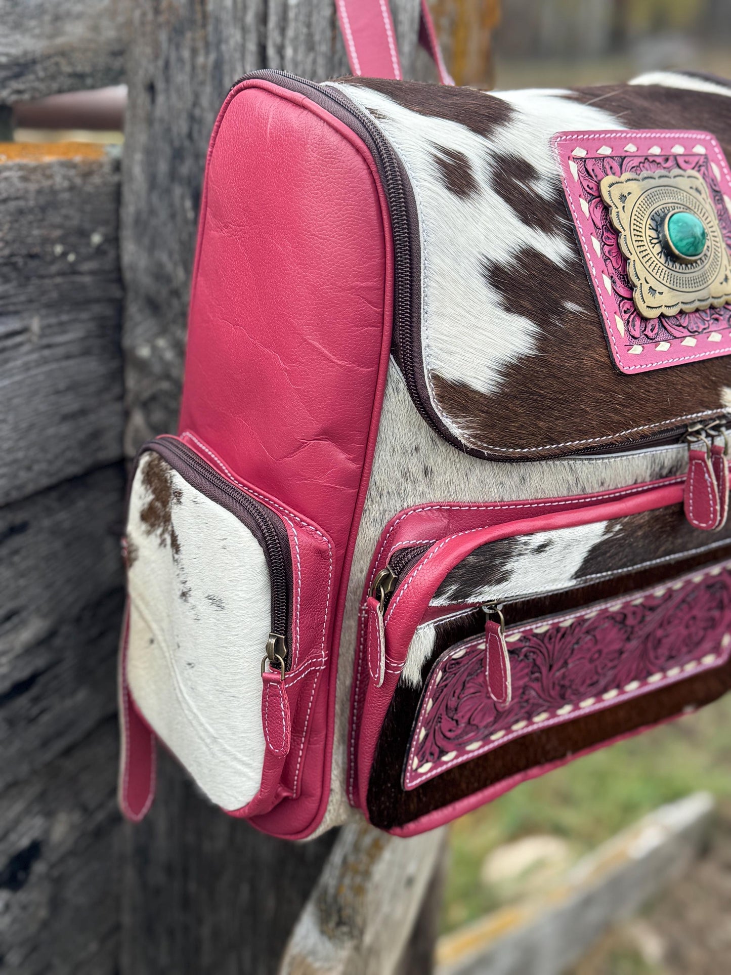 Pink or Turquoise Genuine Western Cowhide Leather Backpack Diaper Bag Personal Item carry-on luggage