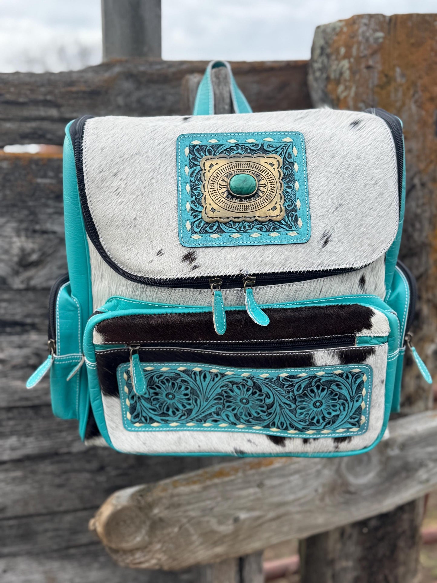 Pink or Turquoise Genuine Western Cowhide Leather Backpack Diaper Bag Personal Item carry-on luggage