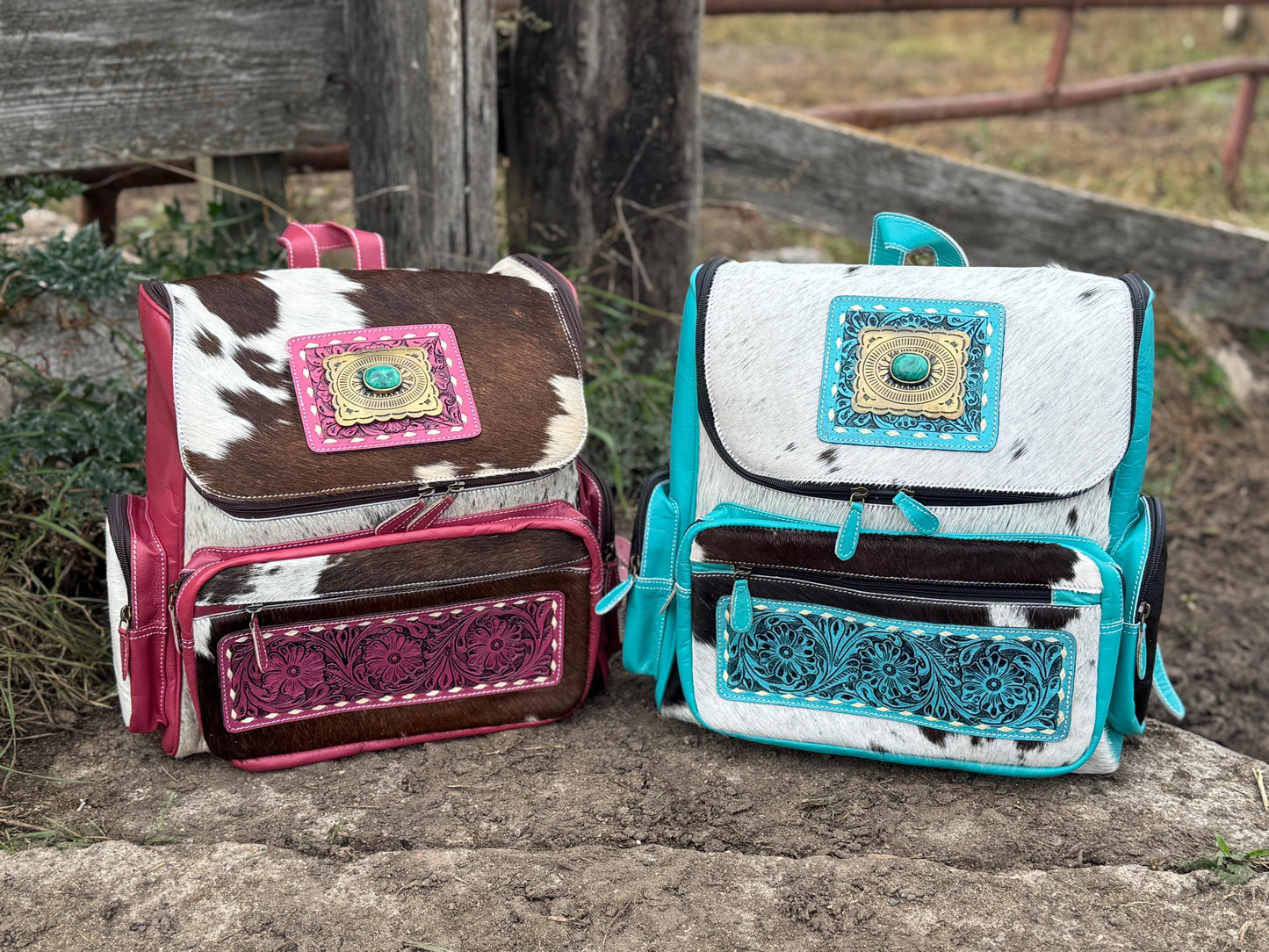 Pink or Turquoise Genuine Western Cowhide Leather Backpack Diaper Bag Personal Item carry-on luggage