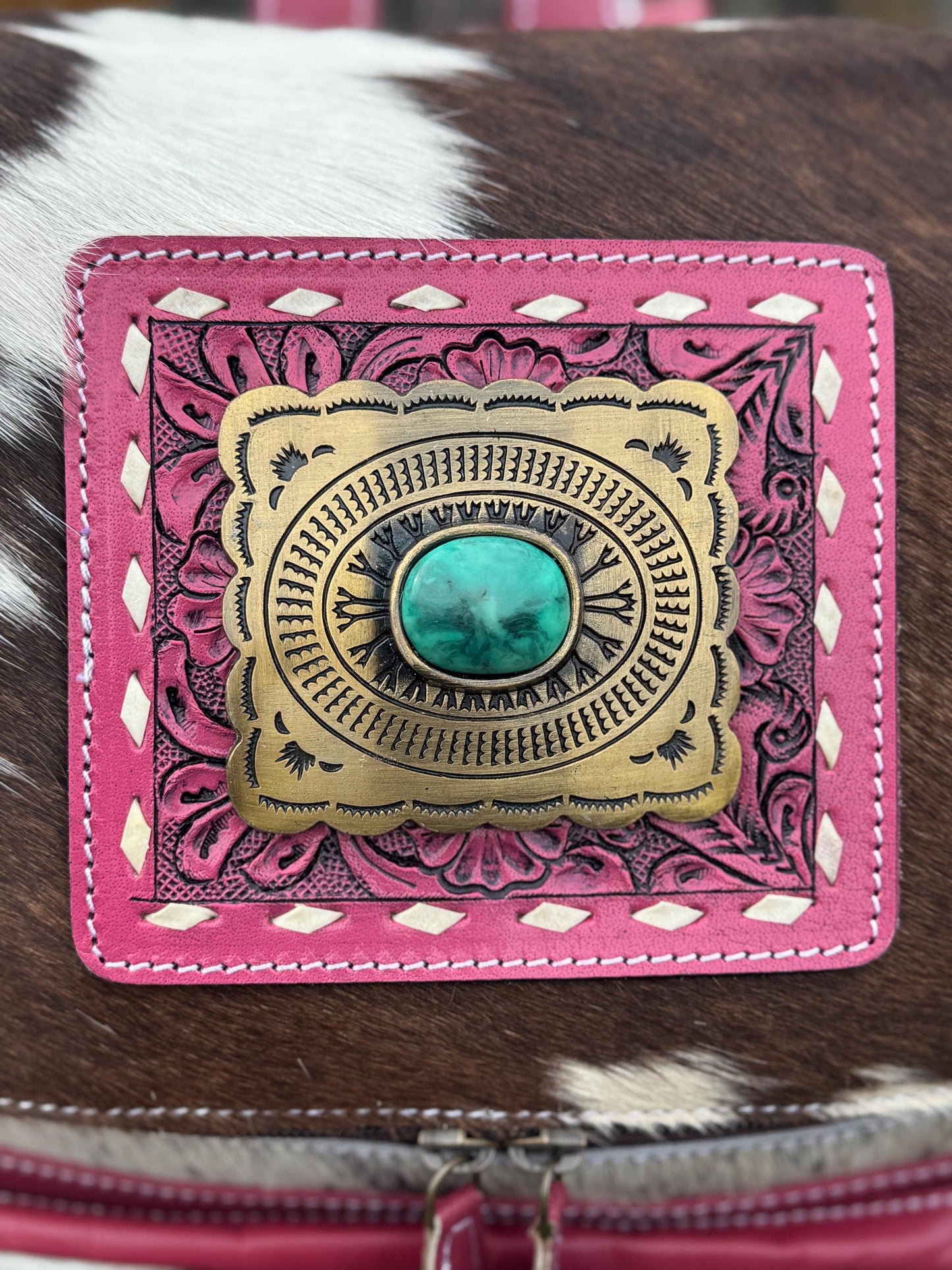 Pink or Turquoise Genuine Western Cowhide Leather Backpack Diaper Bag Personal Item carry-on luggage
