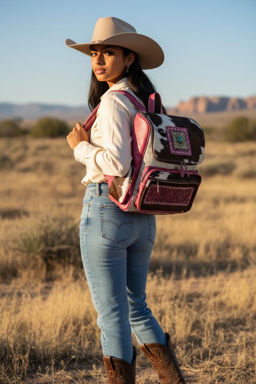 Pink or Turquoise Genuine Western Cowhide Leather Backpack Diaper Bag Personal Item carry-on luggage