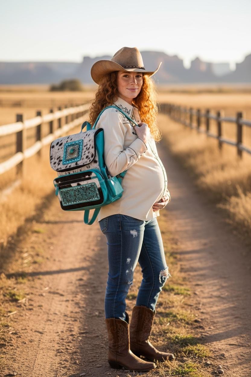 Pink or Turquoise Genuine Western Cowhide Leather Backpack Diaper Bag Personal Item carry-on luggage
