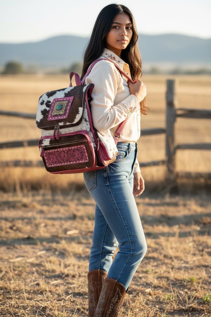 Pink or Turquoise Genuine Western Cowhide Leather Backpack Diaper Bag Personal Item carry-on luggage