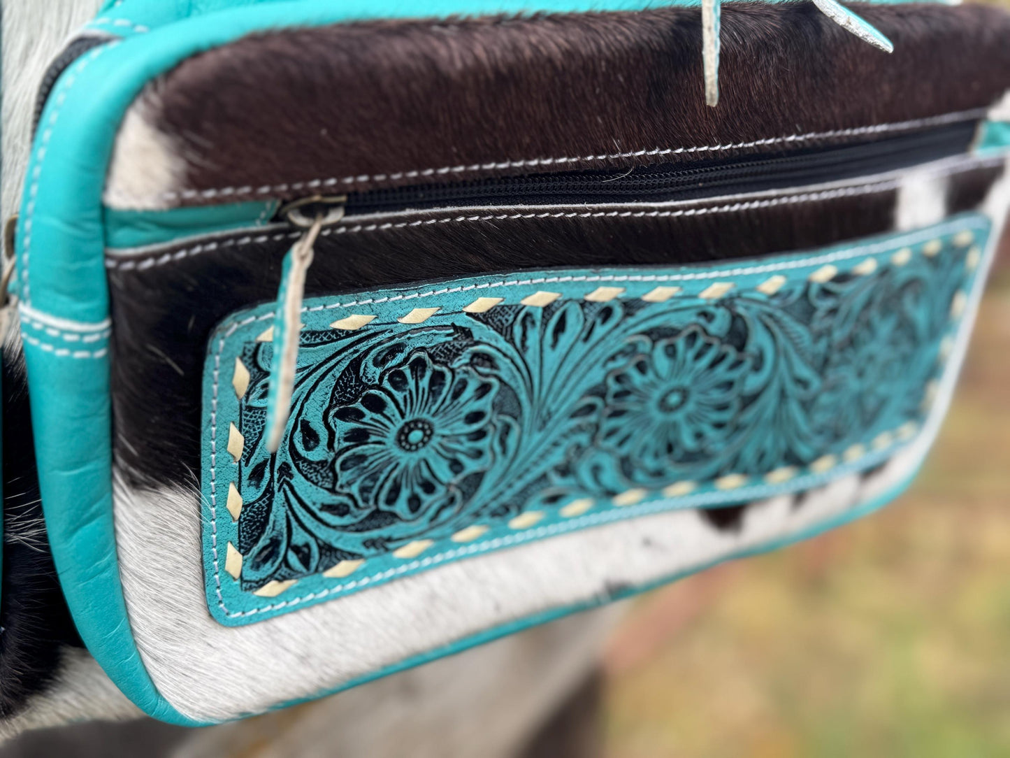 Pink or Turquoise Genuine Western Cowhide Leather Backpack Diaper Bag Personal Item carry-on luggage