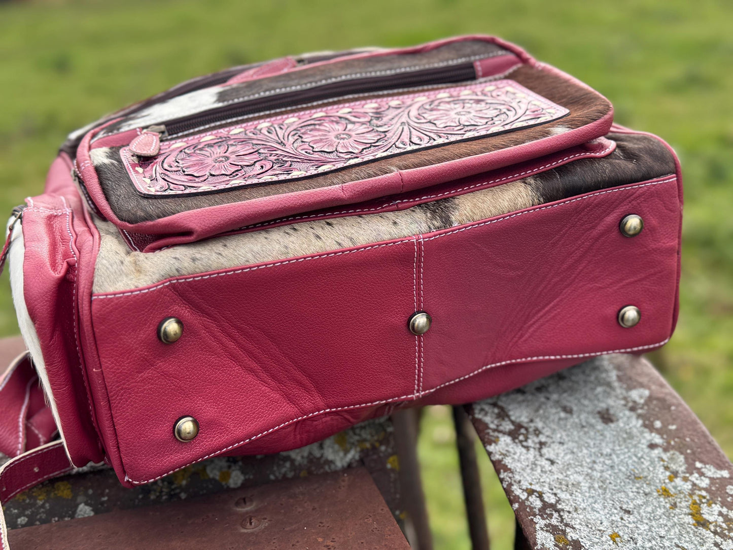 Pink or Turquoise Genuine Western Cowhide Leather Backpack Diaper Bag Personal Item carry-on luggage