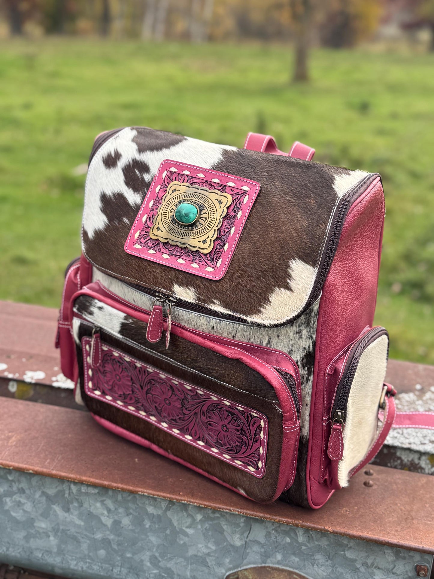 Pink or Turquoise Genuine Western Cowhide Leather Backpack Diaper Bag Personal Item carry-on luggage
