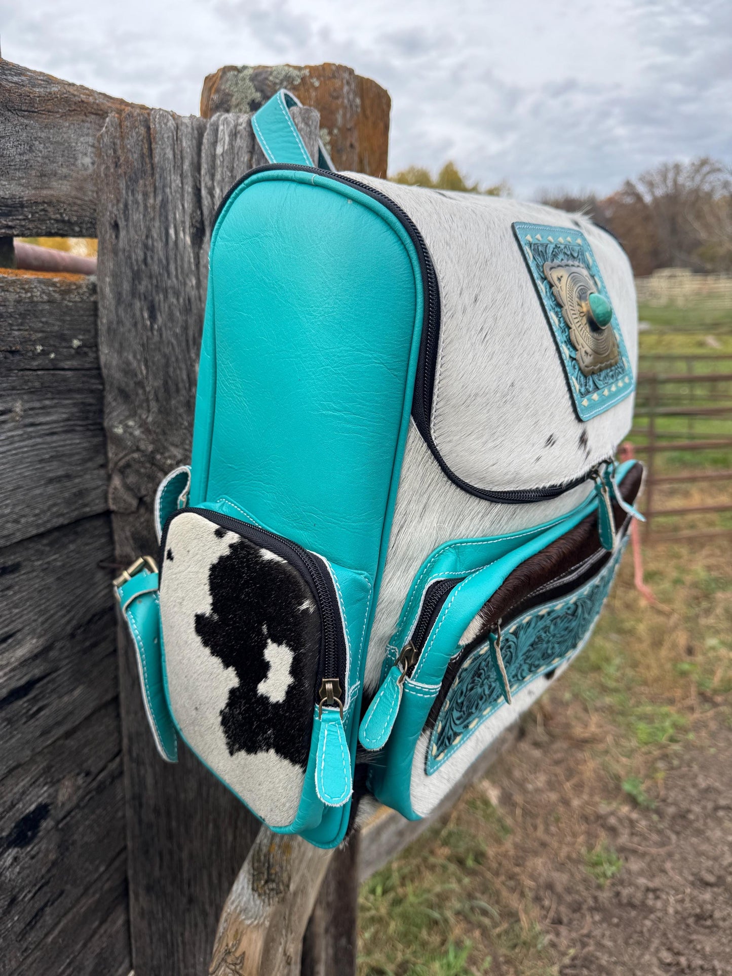 Pink or Turquoise Genuine Western Cowhide Leather Backpack Diaper Bag Personal Item carry-on luggage