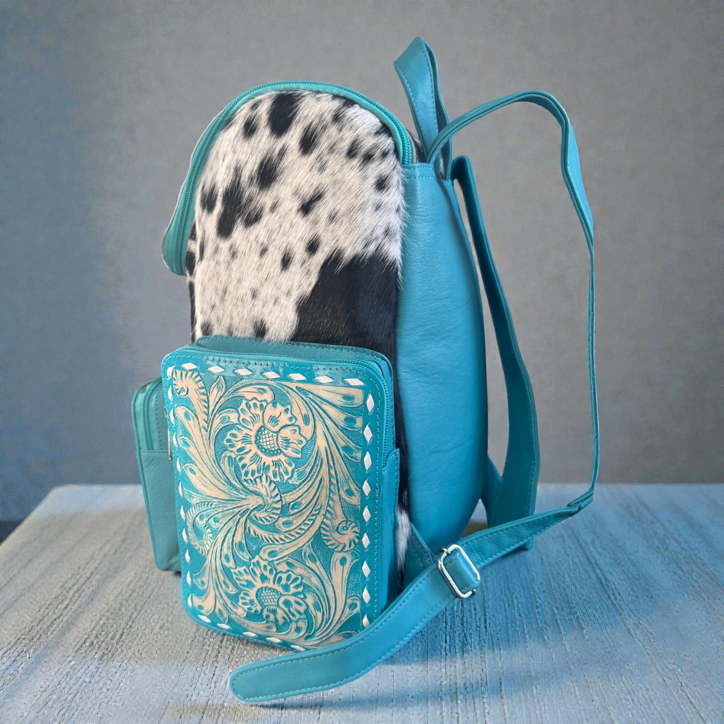 Turquoise Genuine Western Cowhide Leather Backpack Diaper Bag Personal Item carry-on luggage