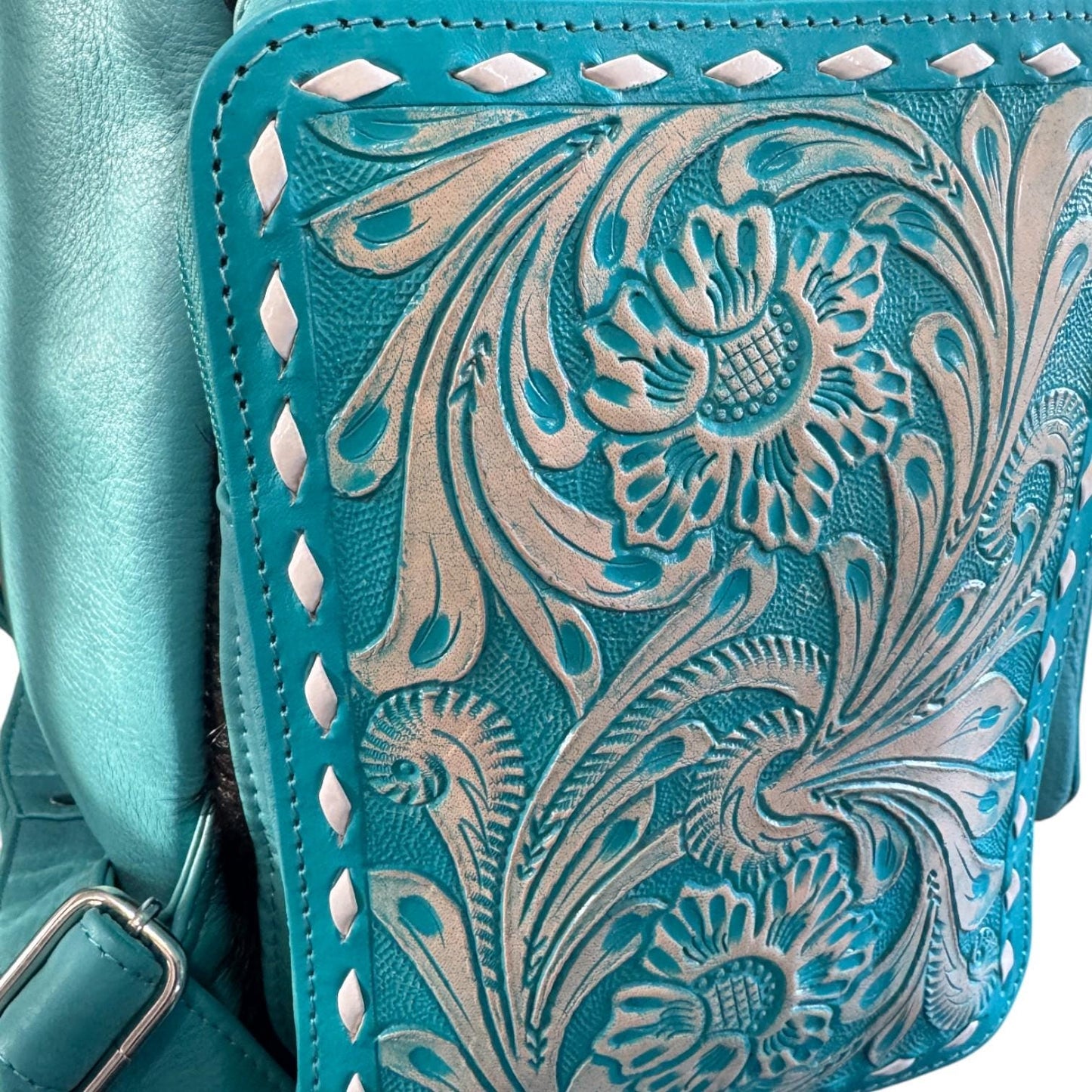 Turquoise Genuine Western Cowhide Leather Backpack Diaper Bag Personal Item carry-on luggage