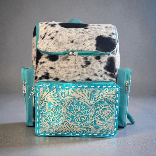 Turquoise Genuine Western Cowhide Leather Backpack Diaper Bag Personal Item carry-on luggage
