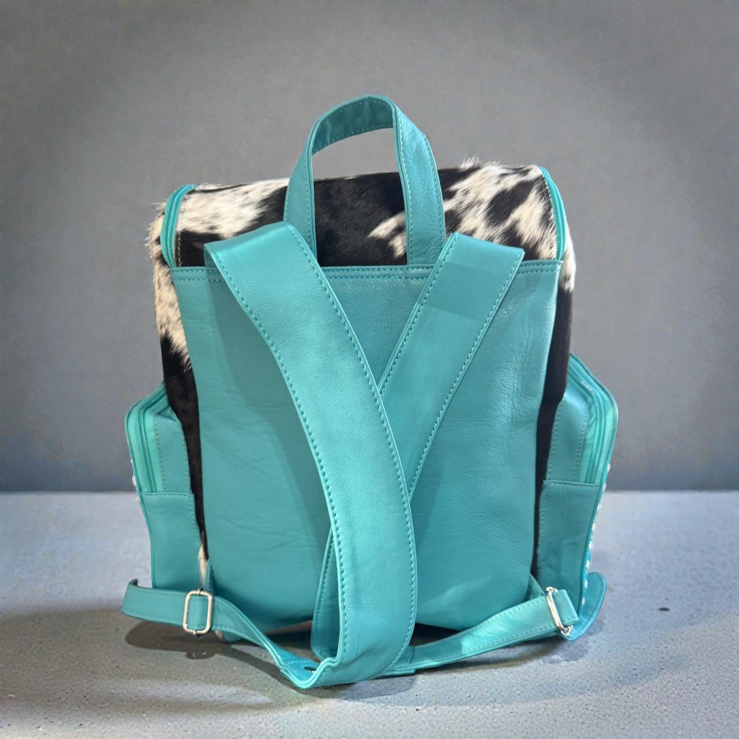 Turquoise Genuine Western Cowhide Leather Backpack Diaper Bag Personal Item carry-on luggage