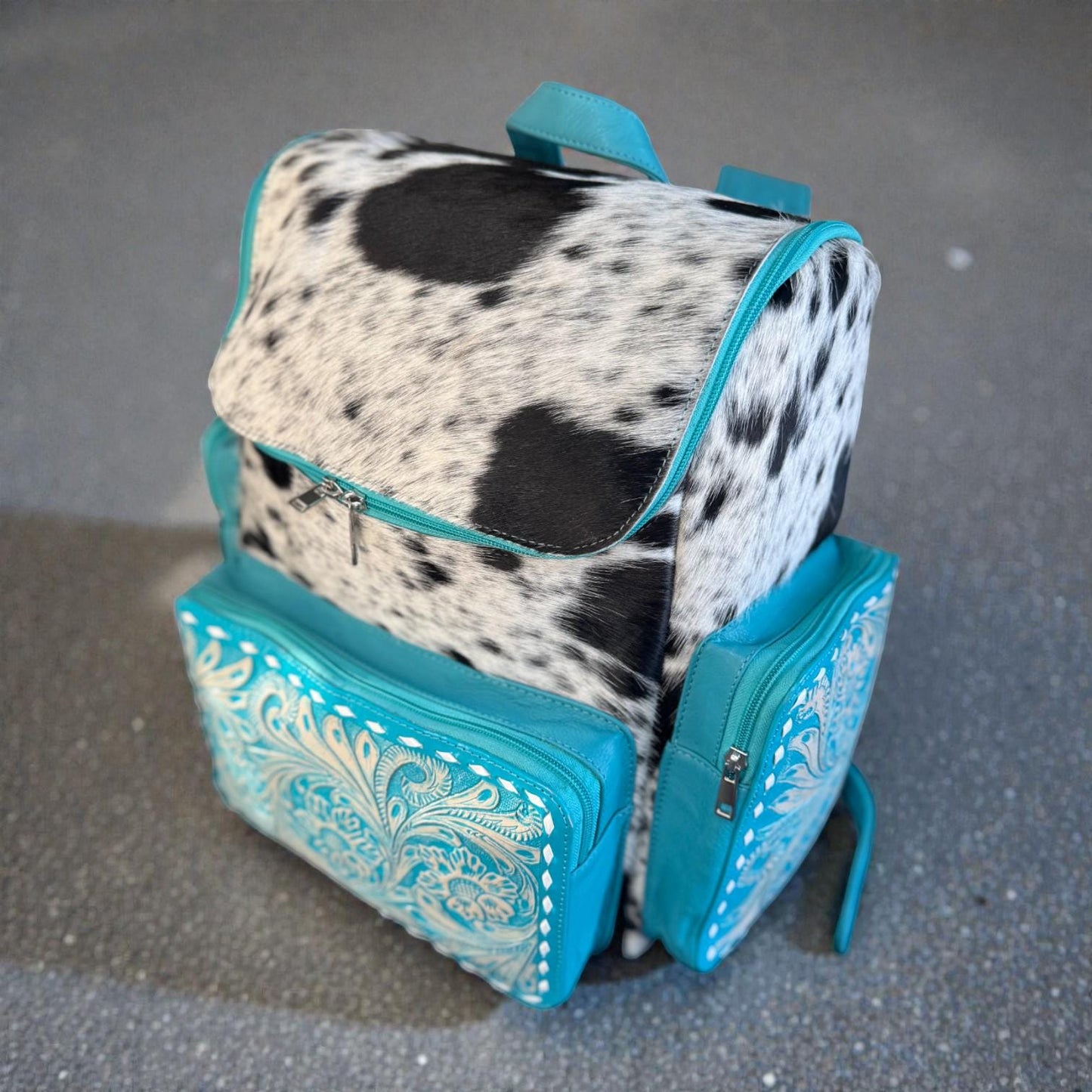 Turquoise Genuine Western Cowhide Leather Backpack Diaper Bag Personal Item carry-on luggage