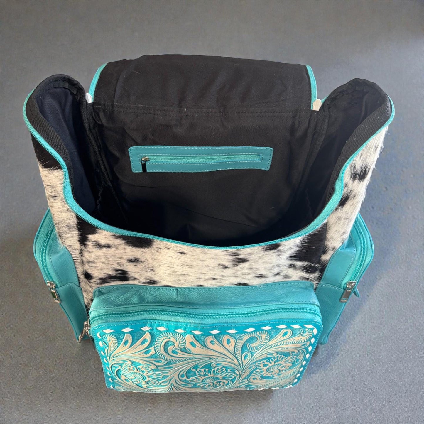 Turquoise Genuine Western Cowhide Leather Backpack Diaper Bag Personal Item carry-on luggage