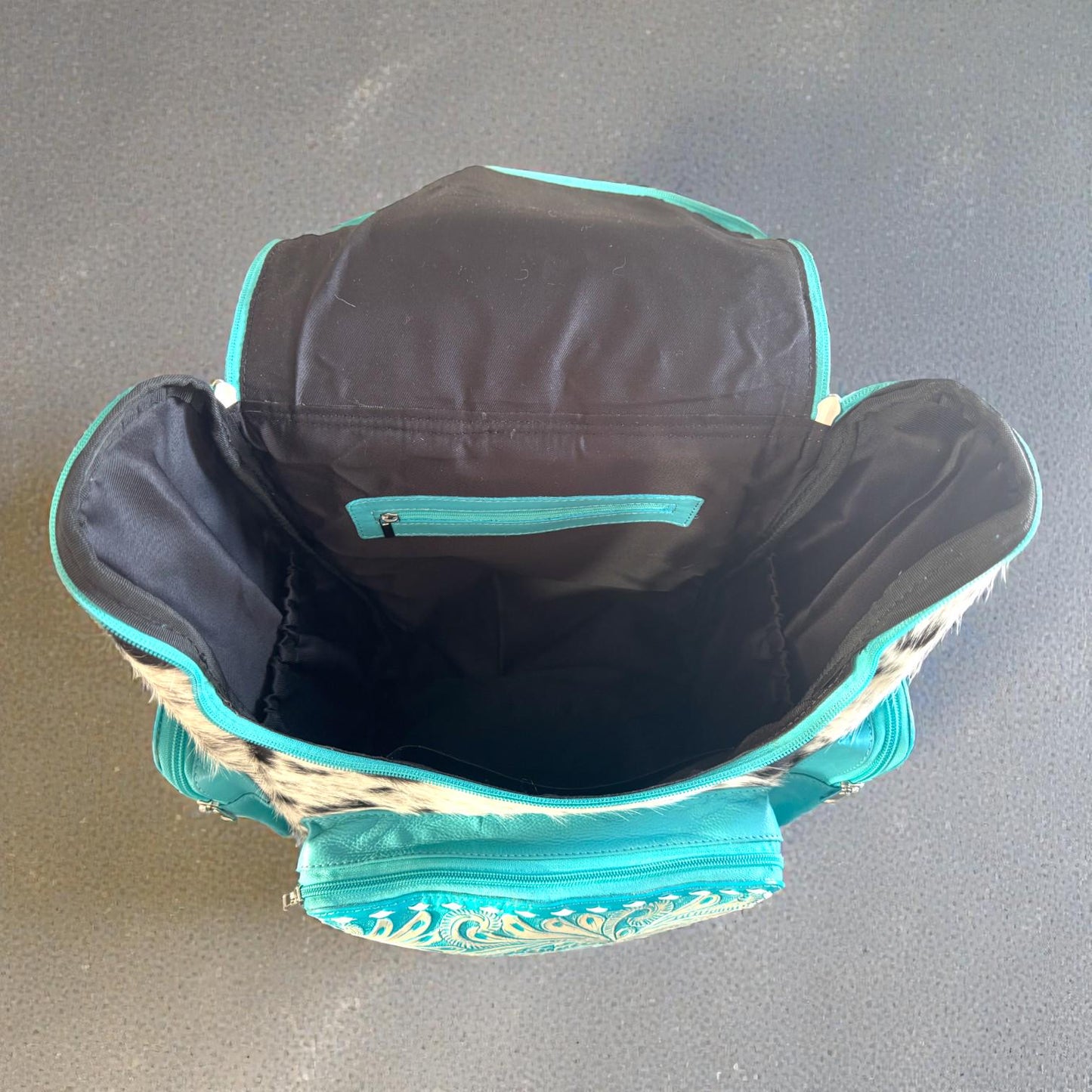 Turquoise Genuine Western Cowhide Leather Backpack Diaper Bag Personal Item carry-on luggage