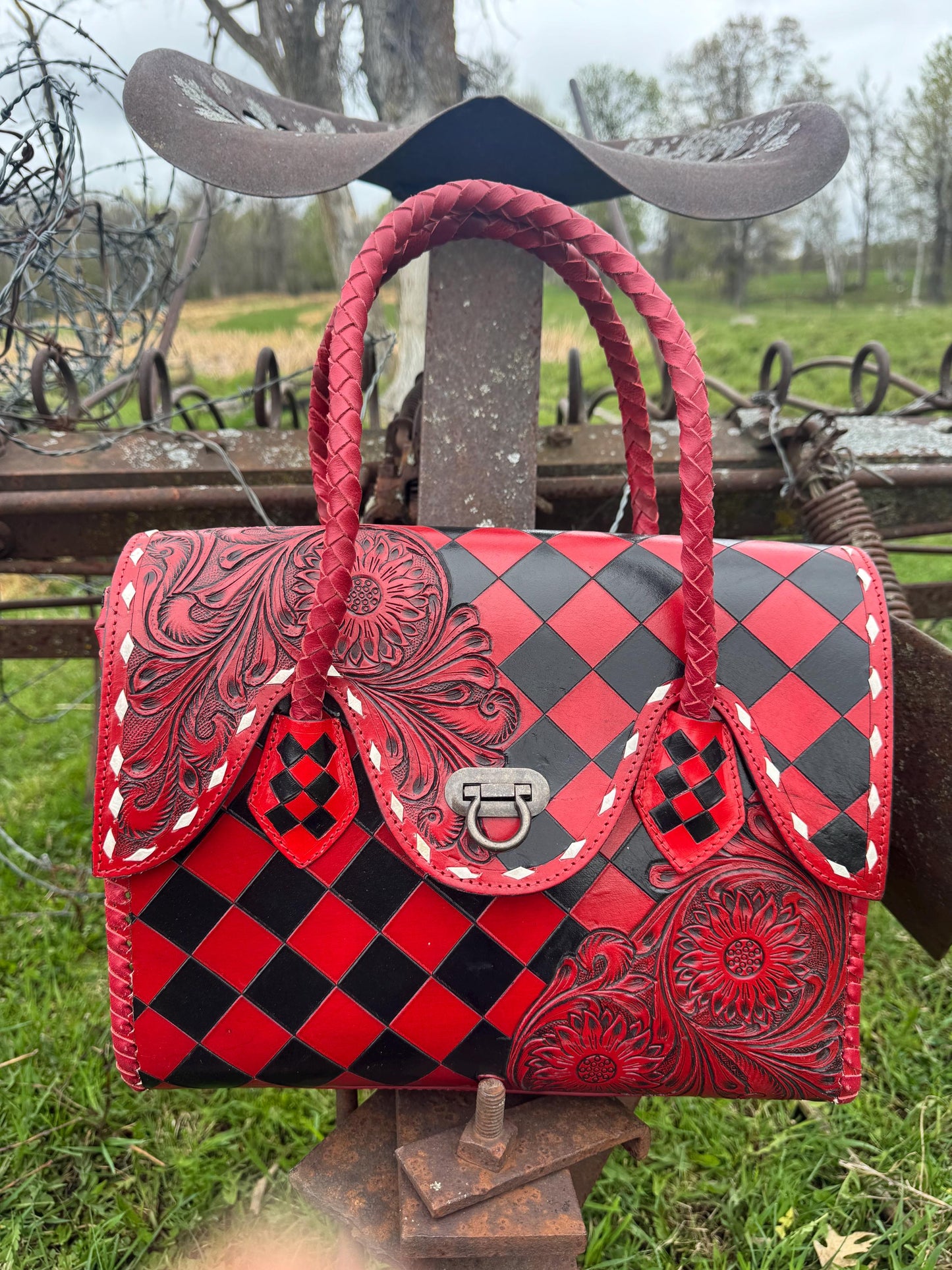Western Genuine Leather Checkered Handbag