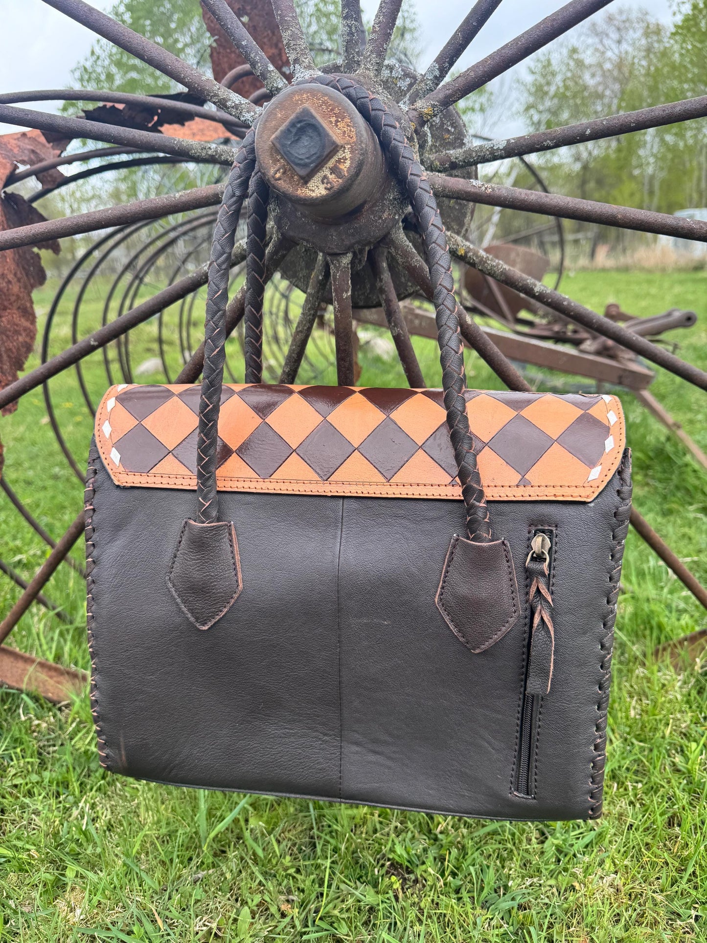 Western Genuine Leather Checkered Handbag